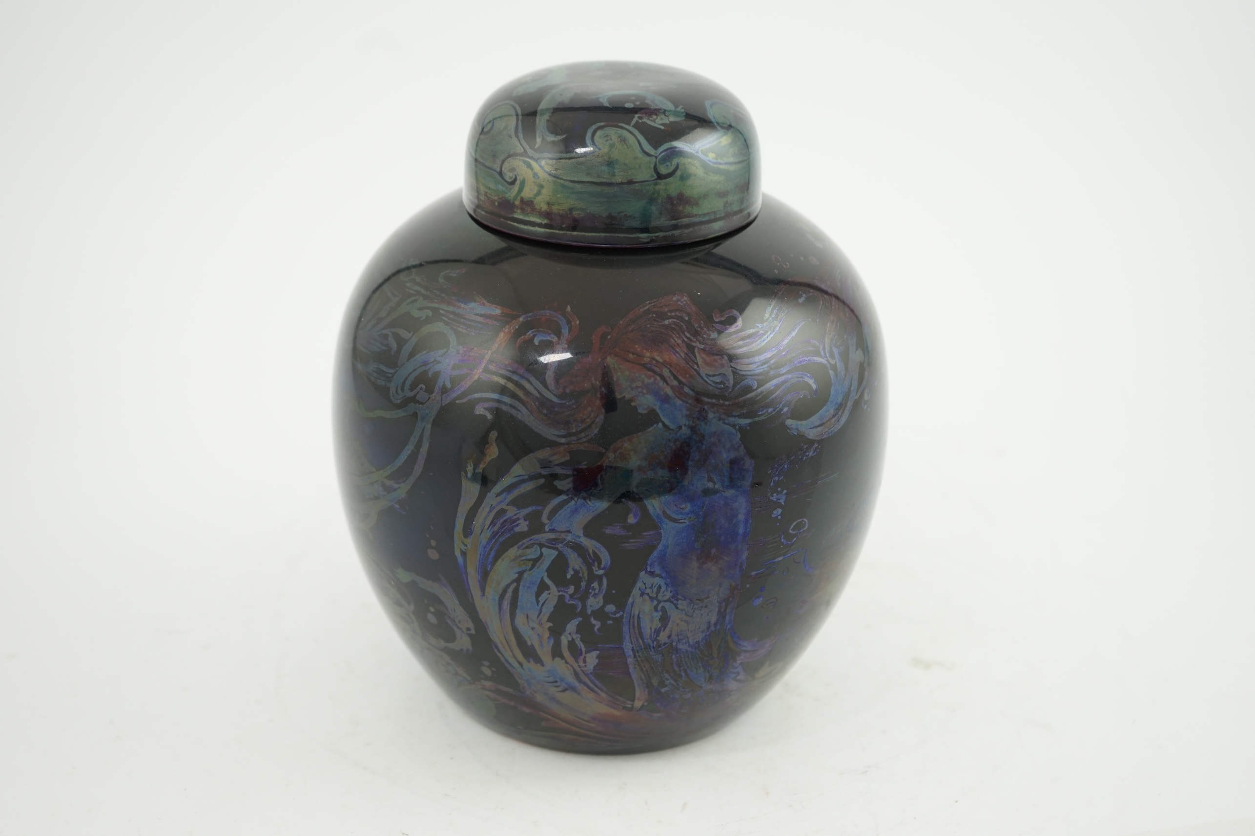 A Bernard Moore flambé and silver lustre ‘mermaid’ ginger jar and cover, by Hilda Lindop, c.1910